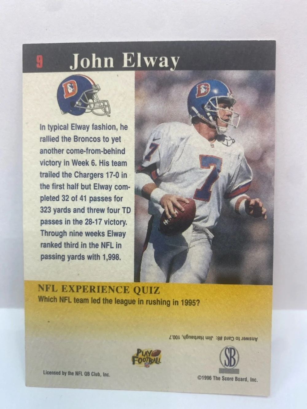 1997 Score Board NFL Experience Elway Broncos #9 (087)